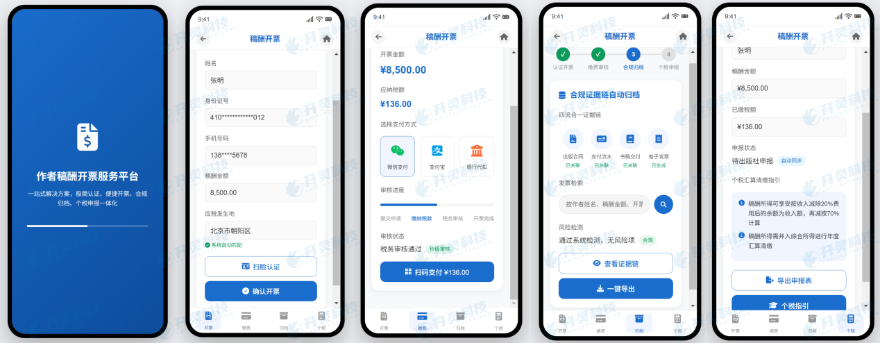 开灵科技税务APP自然人开票接口方案,作者稿酬开票保障出版社流程完整与税务合规 - 开灵科技